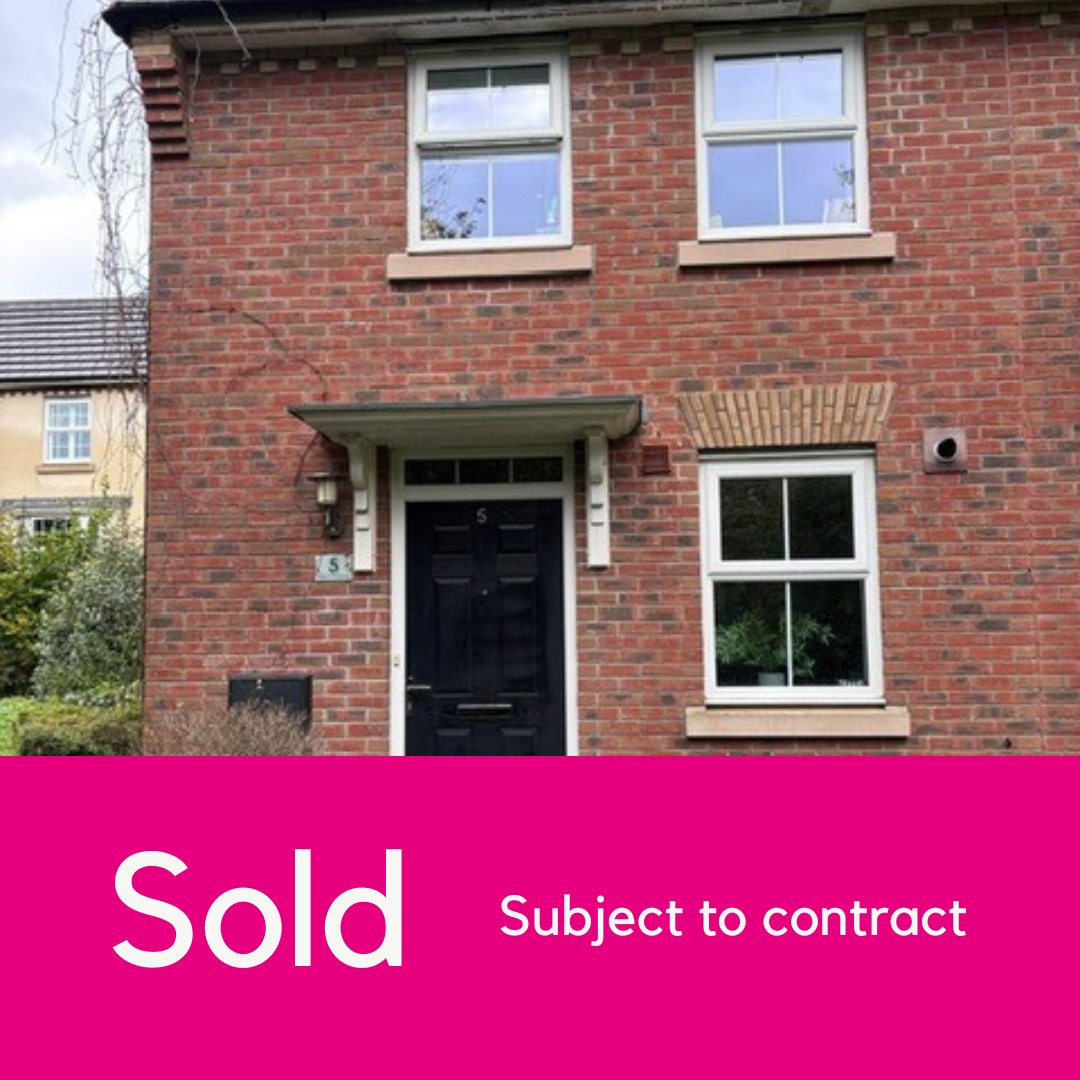 Photo of the front of a red brick house with a pink block at the bottom of the image with white text that reads 'Sold: Subject to contract'